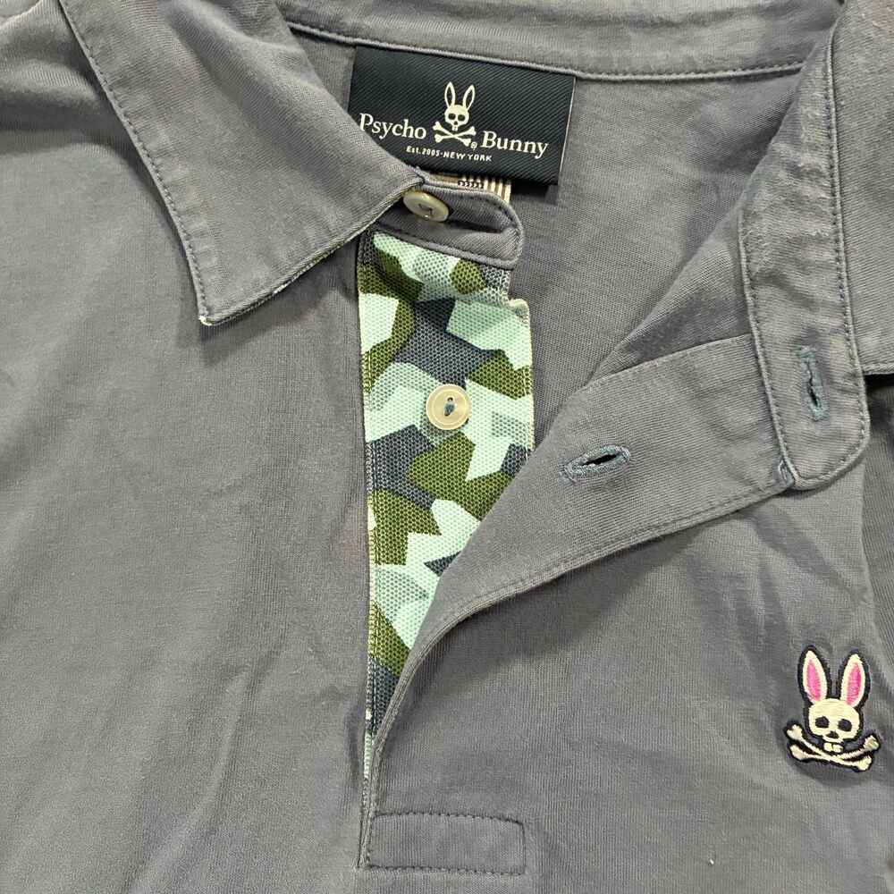 Psycho Bunny Polo Shirt Mens Large 6 Gray Logo Pima Cotton Pique Camo Design